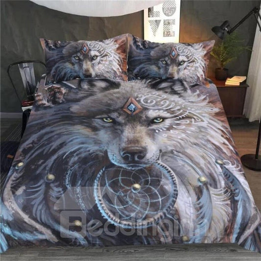 Wolf mit festen Augen Ölgemälde Digitaldruck Polyester 3D 3-teilige Bettwäsche-Sets/Bettbezüge 