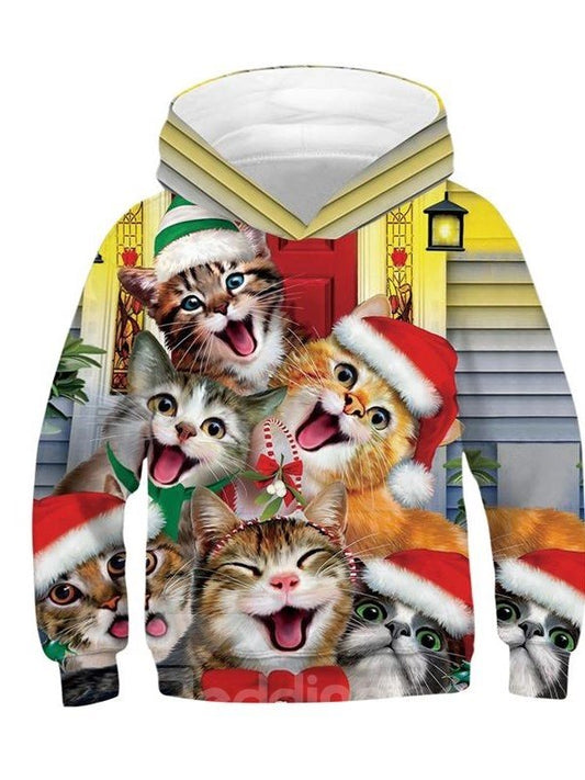Sudadera con capucha para niños de manga larga pintada en 3D con patrón de gatos felices navideños