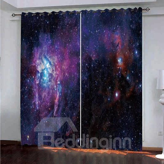 Fantásticas cortinas opacas con paisajes 3D de poliéster oscuro pintado con cielo de estrellas púrpuras