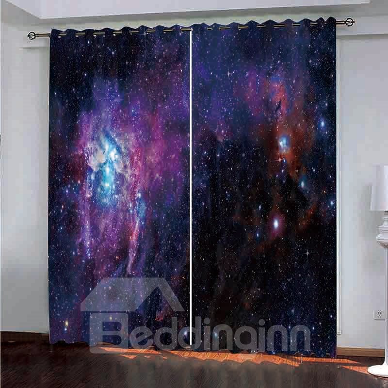 Fantastic Purple Stars Sky Painted Darken Polyester 3D Scenery Blackout Curtains