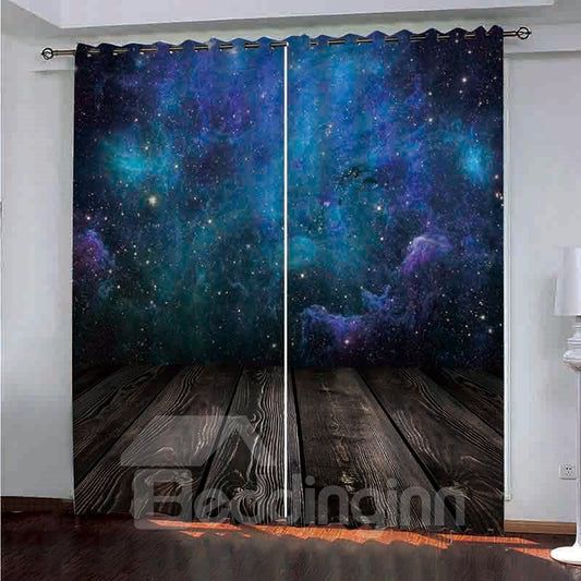 Fantastic Blue Starry Sky Painted Darken Polyester 3D Scenery Blackout Curtains