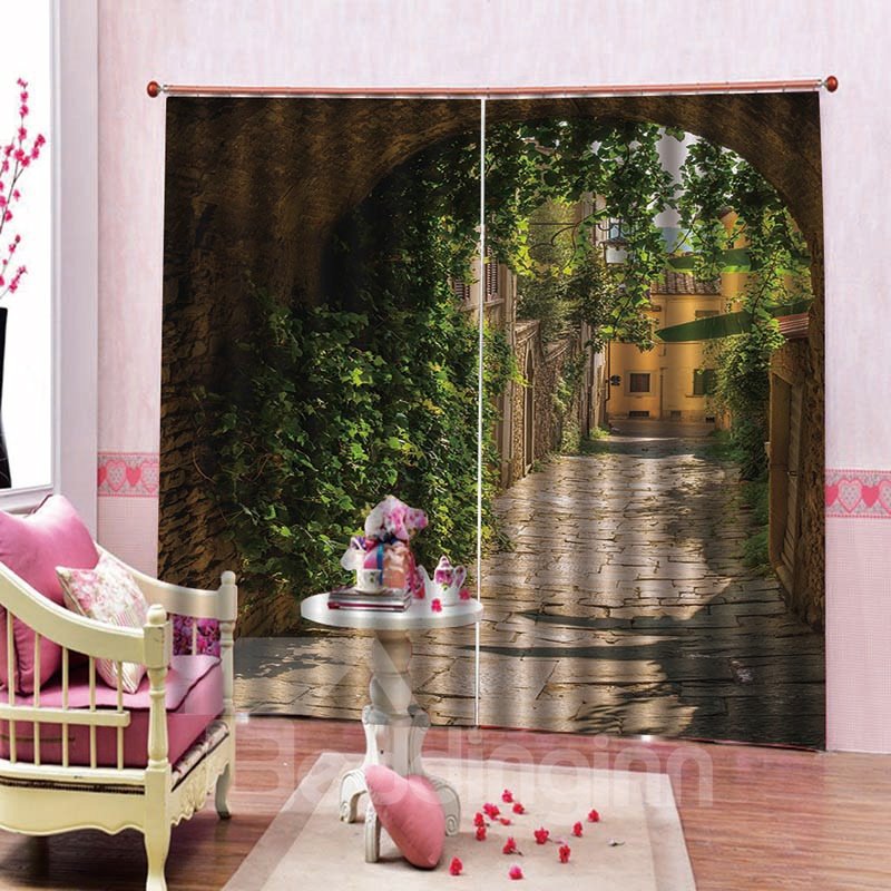 3D European Street with Green Vines Printed Natural Scenery Blackout Curtain