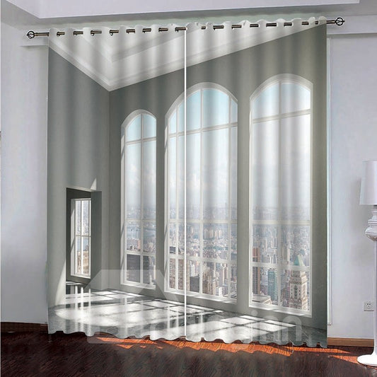 Cortina de paisaje 3D opaca impresa con ventana blanca y paisaje de ciudad 