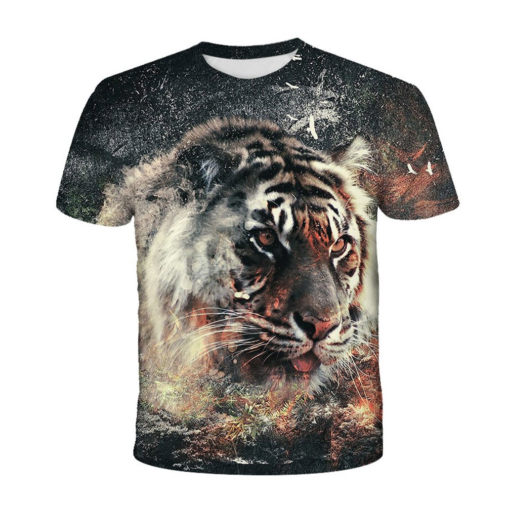 Camiseta Casual con Estampado 3D de Tigre para Hombre, Manga Corta, Ajustada, Cuello Redondo, Delgada con Tela cómoda y Transpirable