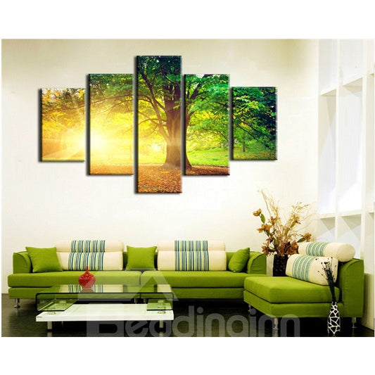 Impresiones de pared sin marco en lienzo de 5 piezas con sol dorado y árboles verdes
