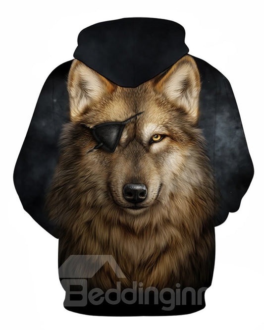 Sudadera con capucha pintada en 3D con estampado de lobo y un ojo de manga larga