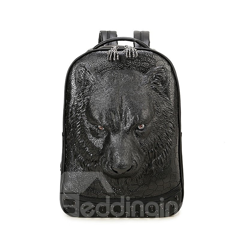 Tiger Head 3D PU Leather Casual Laptop Backpack School Bag