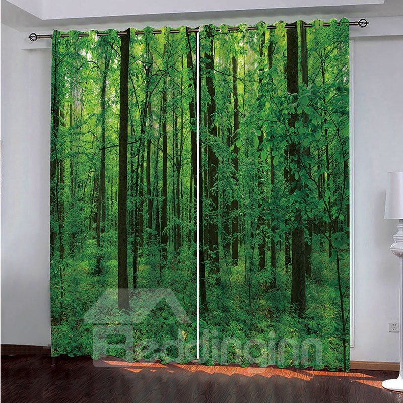 Home Decor Living Room Bedroom Window 3D Scenery Blackout Curtain with Green Trees Thick Forest Image