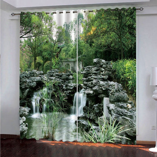 Green Natural Landscape Theme Trees and Flowing Stream 3D Scenery Curtain