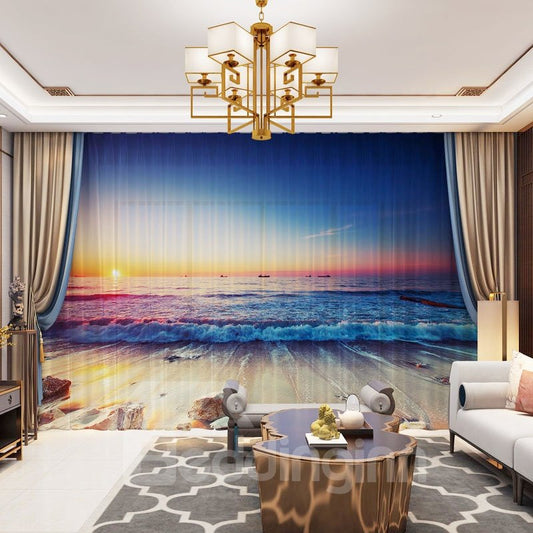 Cortinas transparentes decorativas con paisaje marino en 3D, hermosa puesta de sol y marea, impresas, 2 paneles transparentes personalizados