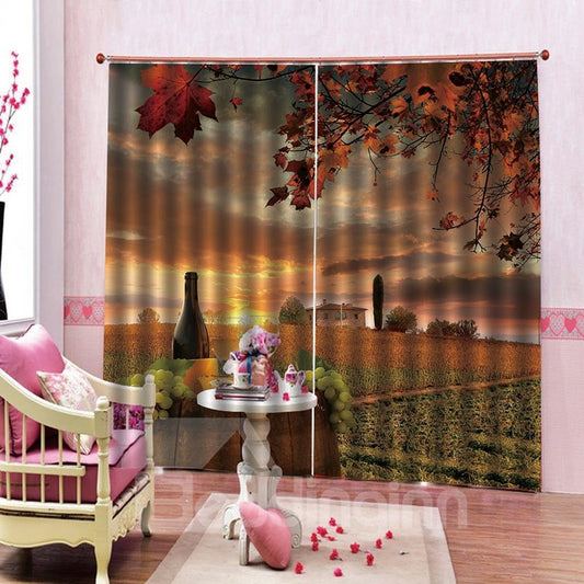 Autumn Theme Maple Leaves Country Cottage and Sunset Glow 3D Scenery Curtains