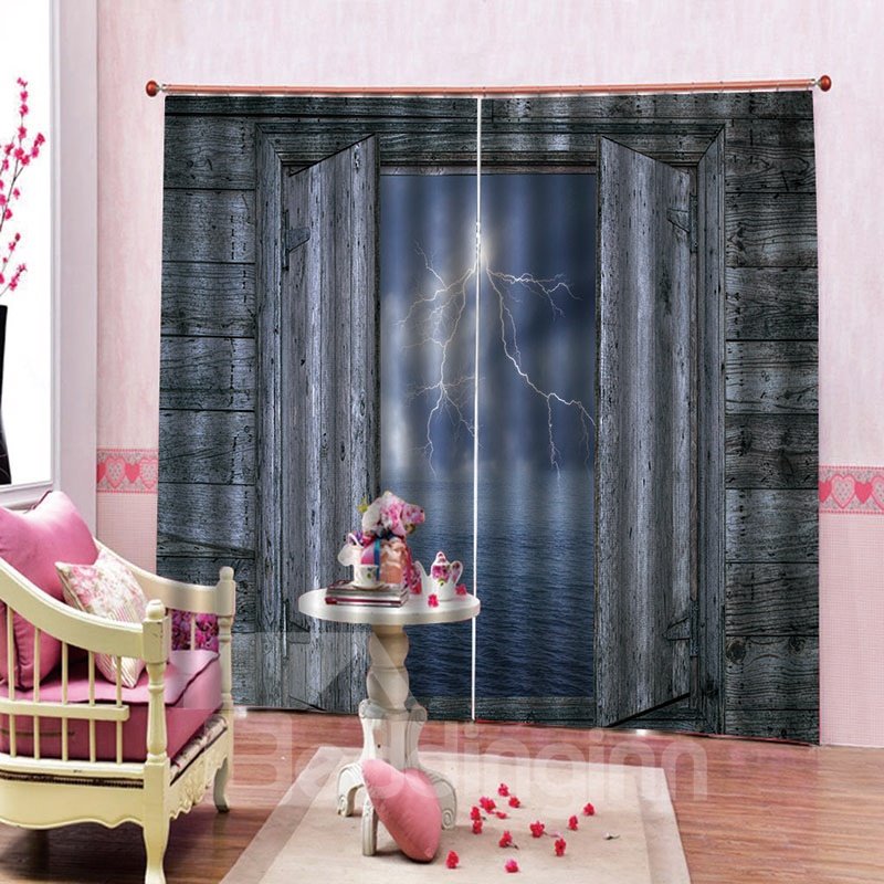 Vintage Rustic Theme Gray Wooden Door and Lightning 3D Scenery Curtains