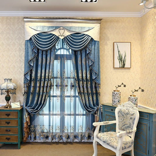 Cortina transparente clásica y noble de organza gruesa bordada en azul lago para sala de estar 