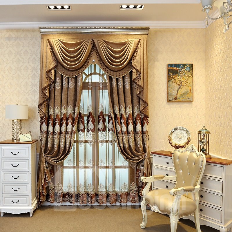 Luxury Brown Color with Embroidered Flowers 2 Pieces Living Room and Bedroom Custom Sheer Curtain