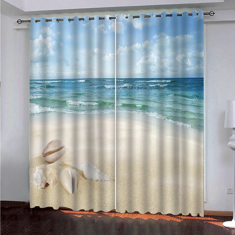 3D Scenery High-quality Blackout Curtain with White Beach and Blue Sea