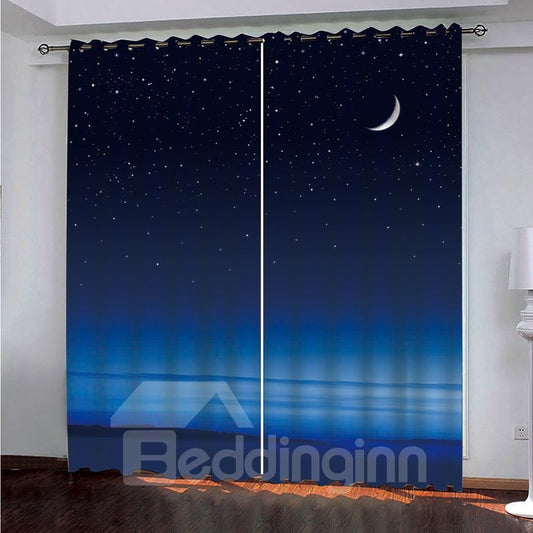 Cortina opaca con estampado de paisaje 3D, noche, mar, Luna, para sala de estar y dormitorio 