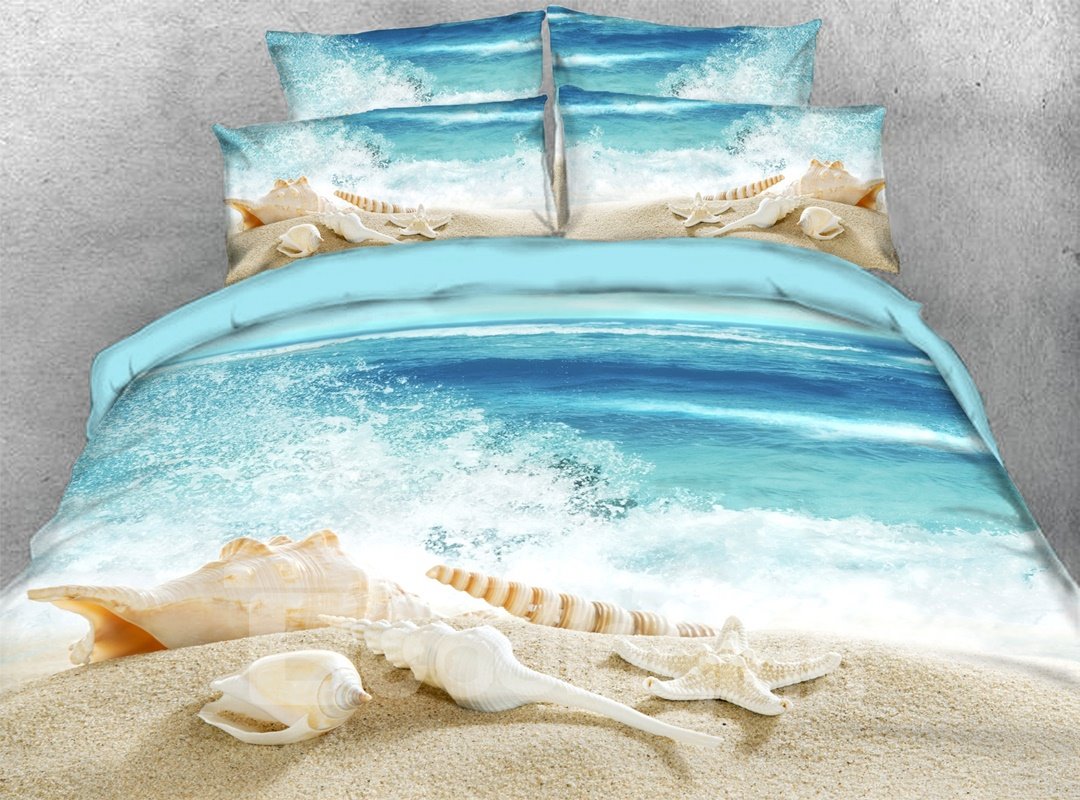 Juego de cama/funda nórdica con paisaje de 4 piezas en 3D de conchas en la playa, microfibra ultrasuave y duradera para la piel, azul 