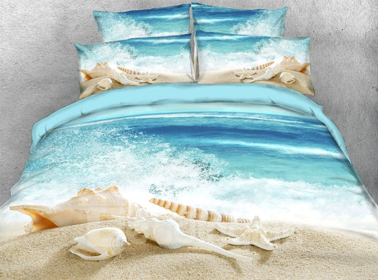 Juego de cama/funda nórdica con paisaje de 4 piezas en 3D de conchas en la playa, microfibra ultrasuave y duradera para la piel, azul 