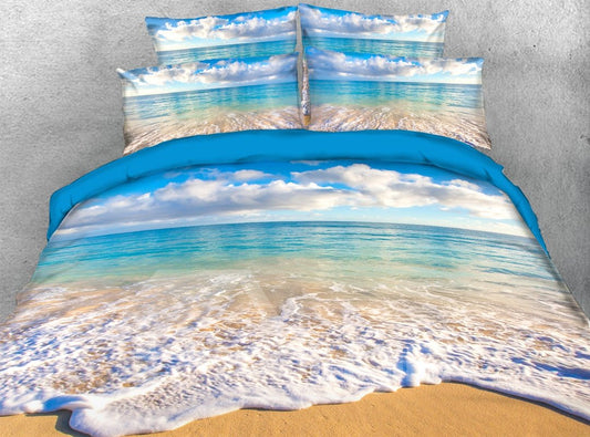 3D-Bettbezug-Set/Bettwäsche-Set, ruhiger Strand unter den weißen Wolken, 4-teilig, Meereslandschaft, farbecht, verschleißfest, langlebig, hautfreundlich, ganzjährig 