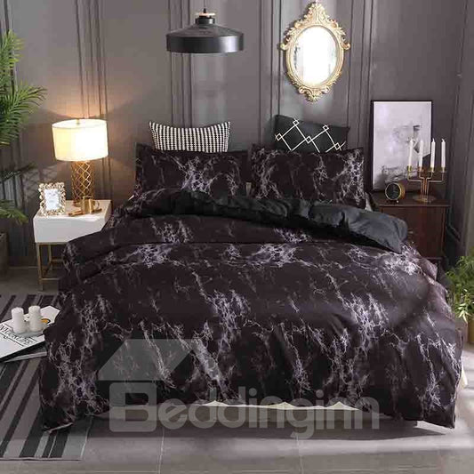 Schwarzes Marmormuster, weiche und gemütliche 3-teilige Polyester-Bettwäsche-Sets/Bettbezüge 
