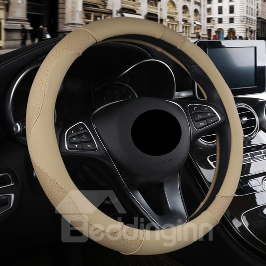 Sport Style Two-Color Stitching Wear-Resistant Leather Material Sweat-Absorbent Comfortable And Non-Slip Universal Steering Wheel Covers Suitable for Most Round Steering Wheels