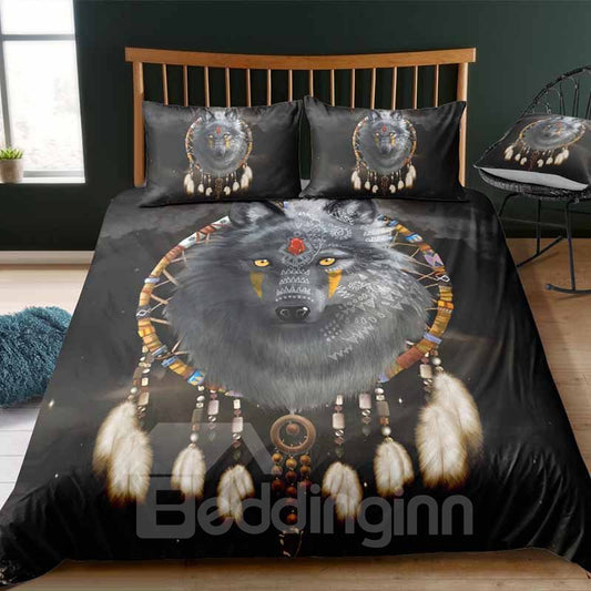 Indischer Wolf und Traumfänger, Digitaldruck, Polyester, 3D-3-teilige Bettwäsche-Sets/Bettbezüge 