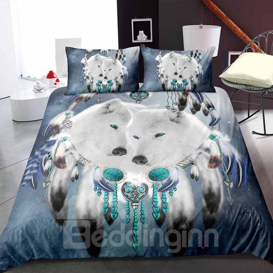 Indian White Wolf And Dream Catcher Printing 3-Piece 3D Bedding Set Zipper Duvet Cover Soft Polyester
