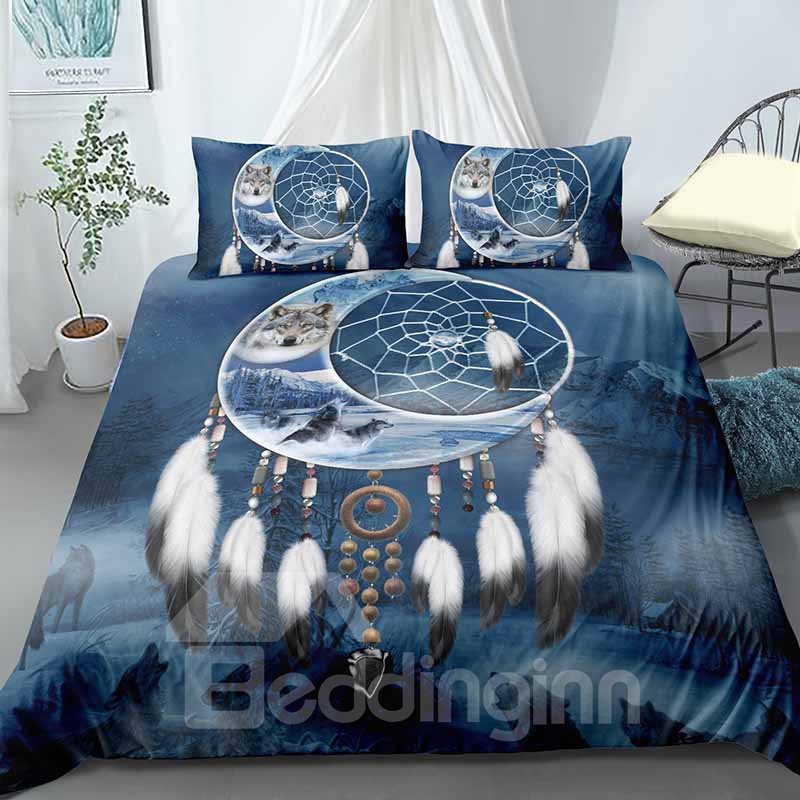 3D Indian Wolf in The Moon And Dream Catcher Digital Printing Polyester 3-Piece 3D Bedding Sets No-fading Soft Duvet Covers