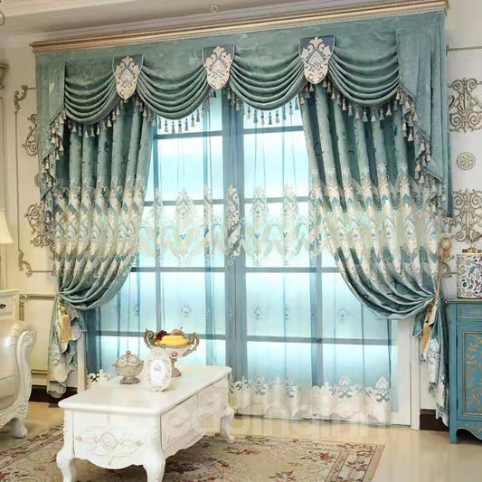 Cortinas transparentes bordadas en azul lago, elegantes, misteriosas, nobles y graduales, europeas