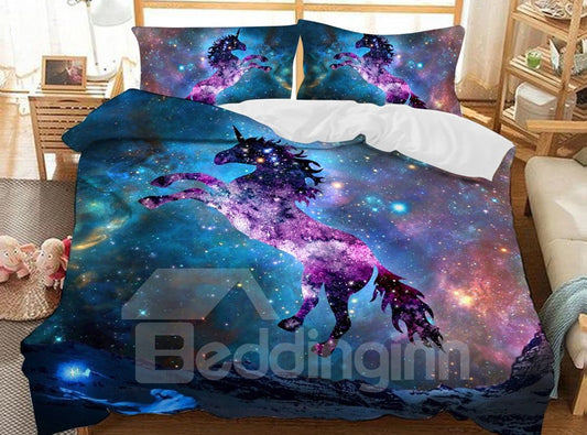 Springendes Einhorn in der Galaxie, 3D-gedrucktes 3-teiliges Bettwäsche-/Bettbezug-Set, Lila 
