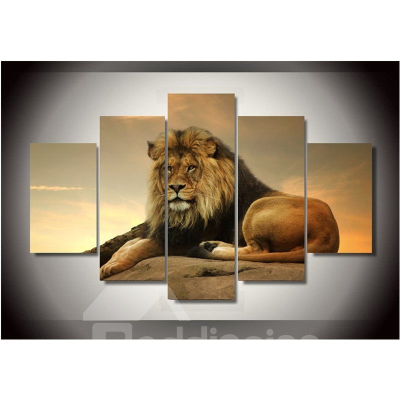Yellow Sitting Lion 5-Piece Canvas Non-framed Wall Prints
