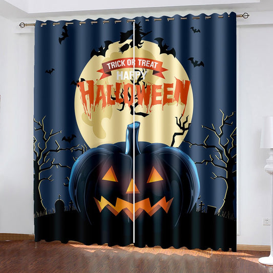 3D-gedruckte Vorhänge, schwarzer Halloween-Kürbis, Verdunkelungsdekoration, Fensterschattierungsvorhang, individuelle 2-Panel-Vorhänge 