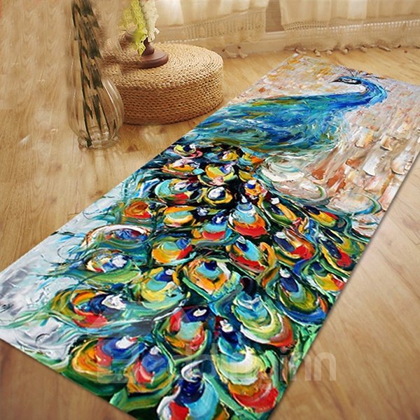 Zarter Dacron-Teppich mit Pfauenmuster und Ölgemälde