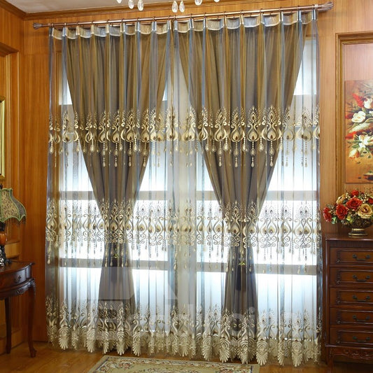Conjuntos de cortinas personalizadas clásicas europeas de poliéster, algodón y organza de lujo para sala de estar y dormitorio 