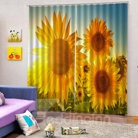 3D Digital Printing Curtain Dust Proof Blackout Living Room Curtain with Lively Sunflowers at Dawn Pattern 200g/m2 Polyester 80% Shading Rate and UV Rays 80W*63