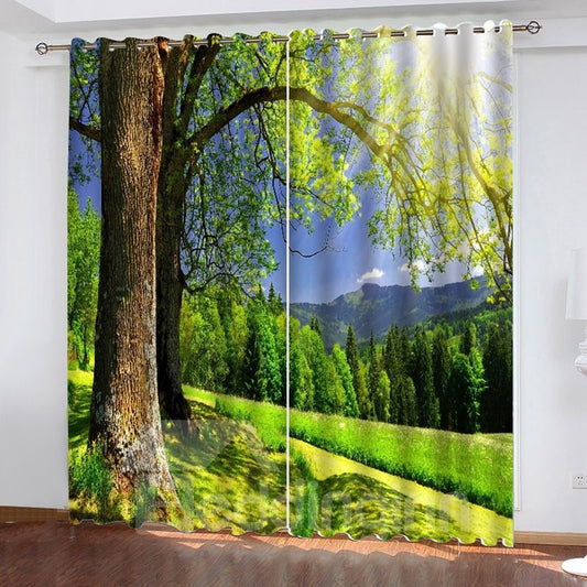 Thick Polyester Heat-Proof and Lightproof 3D Scenery Curtains with Green Trees Pattern