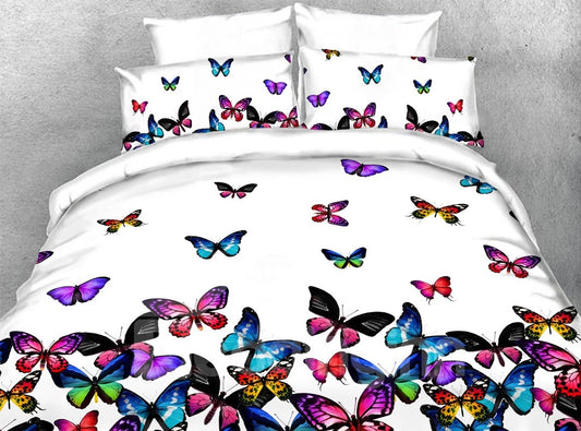 Juego de cama/edredón 3D de mariposas coloridas de 5 piezas, lavable a máquina, ropa de cama blanca cálida, suave y ligera 