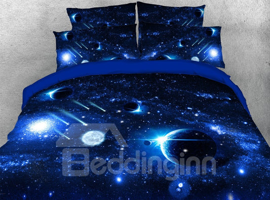 5-teiliges Planet Galaxy 3D-Bettwäsche-Set/Bettdecken-Set, maschinenwaschbar, weich, leicht, warmes Blau 