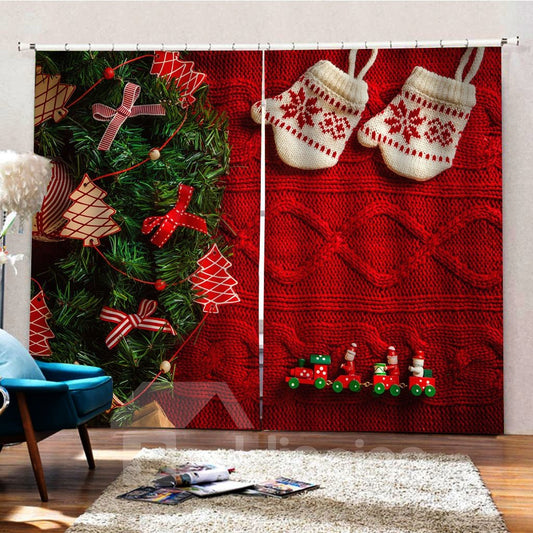 Verdunkelungs- und staubdichter, klassischer 3D-Vorhang mit Weihnachtsthema und roten Handschuhen aus Kiefernblättern 