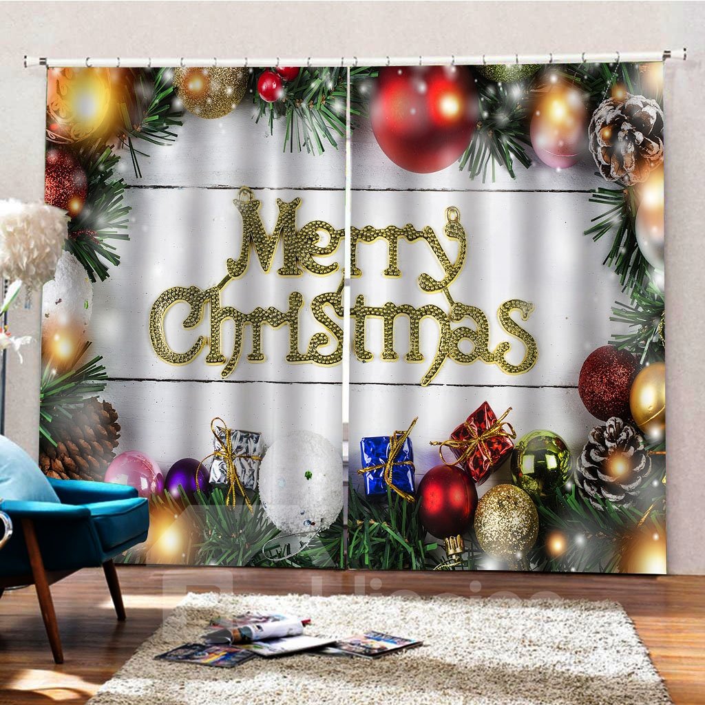 Christmas 3D Digital Print Curtain with Pine Leaves Ball Classic Design Print