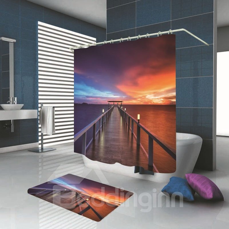 Dekorativer Badezimmer-Duschvorhang aus Polyester mit wunderschönem 3D-Sonnenuntergang-Glühdruck 