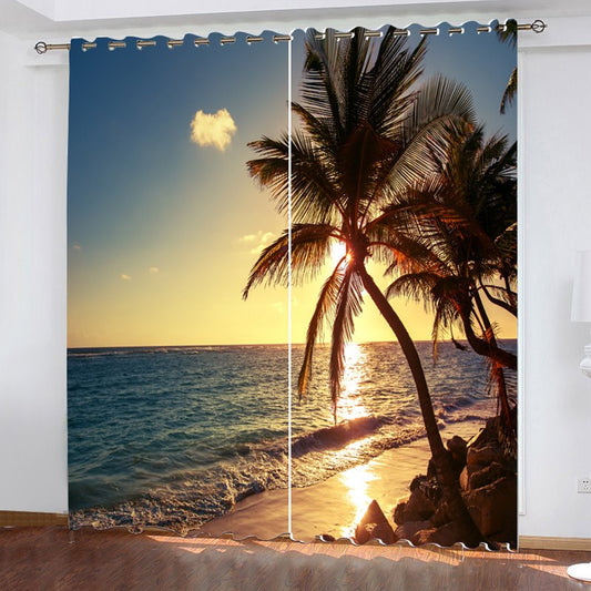 Cortinas de ventana con paisaje de playa y atardecer en 3D, impresión Digital, cortina decorativa opaca de poliéster moderna a prueba de agua 