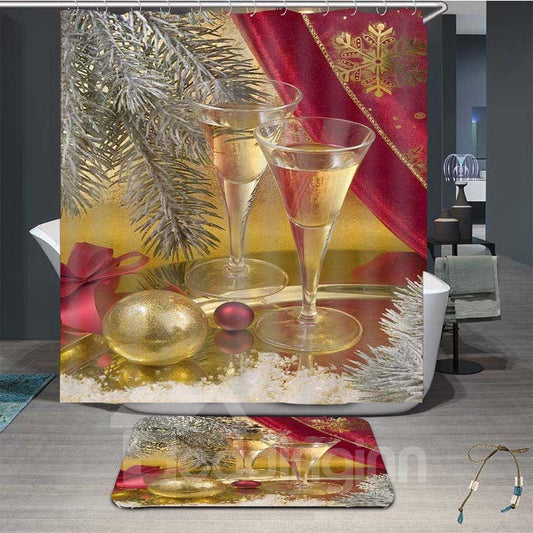 3D Festival Decoration Christmas Wine Glass Painted Water-proof Bathroom Shower Curtain
