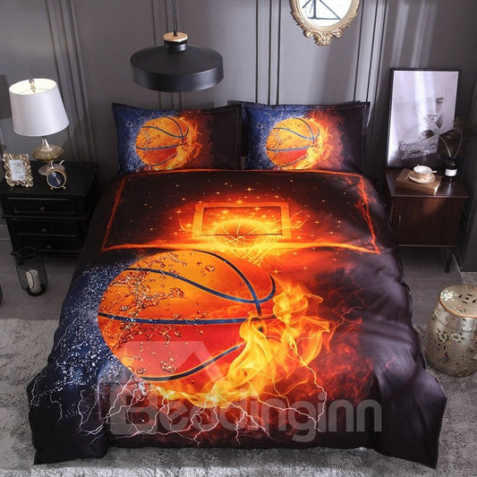 Wasser- und Feuer-Basketball-Digitaldruck, Polyester, 3D, 3-teilig, farbecht, langlebig, hautfreundlich, ganzjährig, ultraweiche Mikrofaser-Bettwäsche-Sets/Bettbezüge 