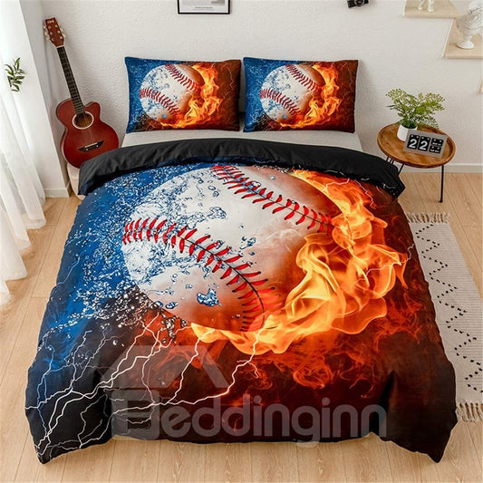 Wasser und Feuer Baseball Digitaldruck Polyester 3D 3-teilige Bettwäsche-Sets/Bettbezüge 