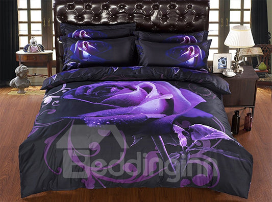 Romantische lila Rosen-Bettwäsche aus Polyester, 3D-gedruckt, 4-teiliges Bettwäsche-Set/Bettbezug-Set