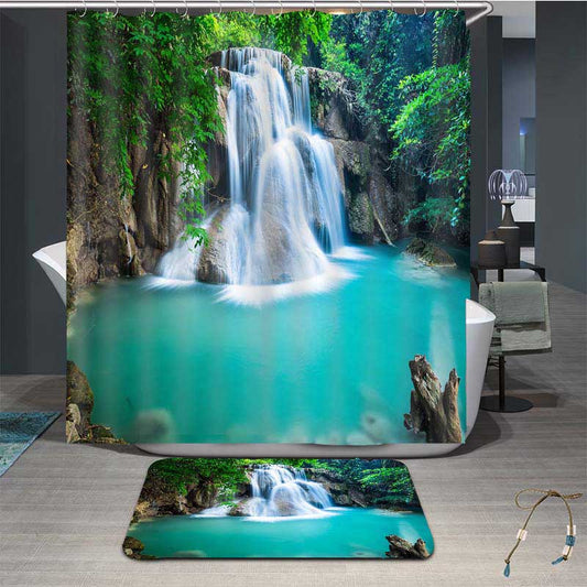 Cortina de ducha de baño privada decorativa impermeable pintada con hermosa cascada y estanque azul en 3D 