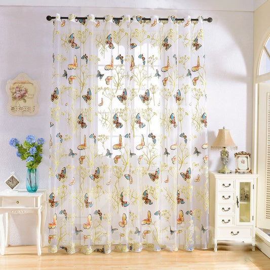 Cortinas transparentes personalizadas con estampado de mariposas coloridas HD decorativas de estilo pastoral 