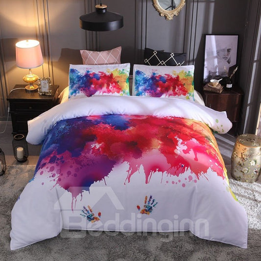 Splash-ink Painting 3D Printed Polyester 3-Piece White Duvet Cover Set with 2 Pillowcases