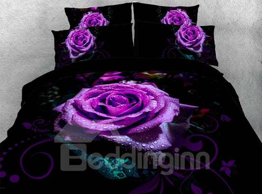 3D Purple Roses Bettwäsche 4-teiliges Bettbezug-Set, schwarz, hautfreundliche Mikrofaser 